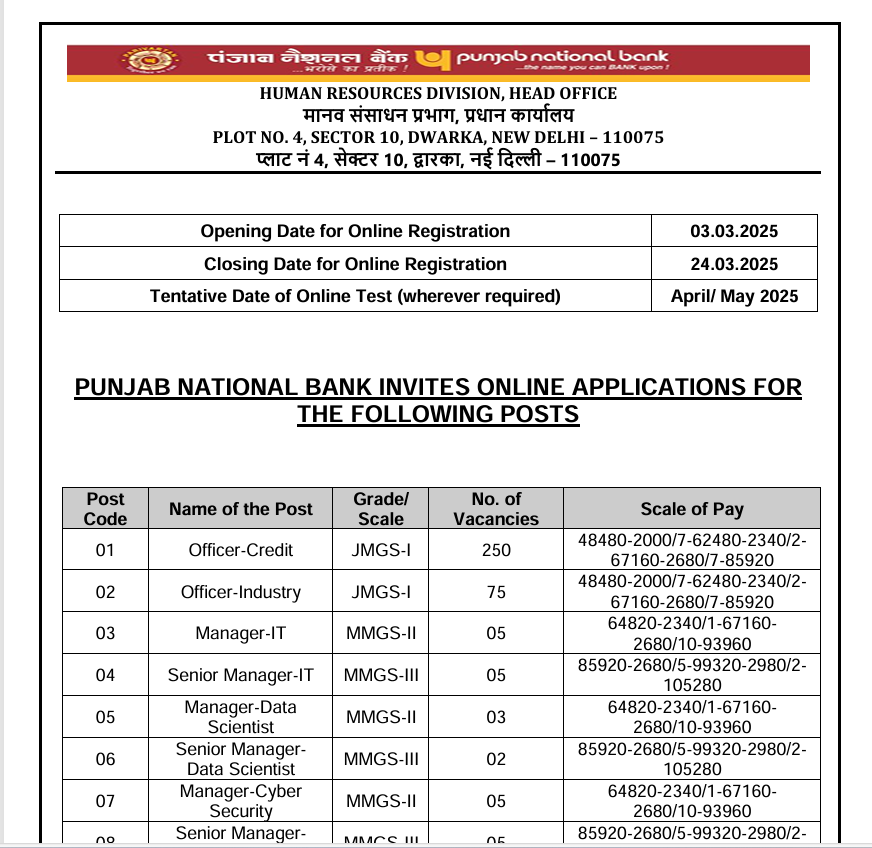PNB Specialist Officer SO official notification