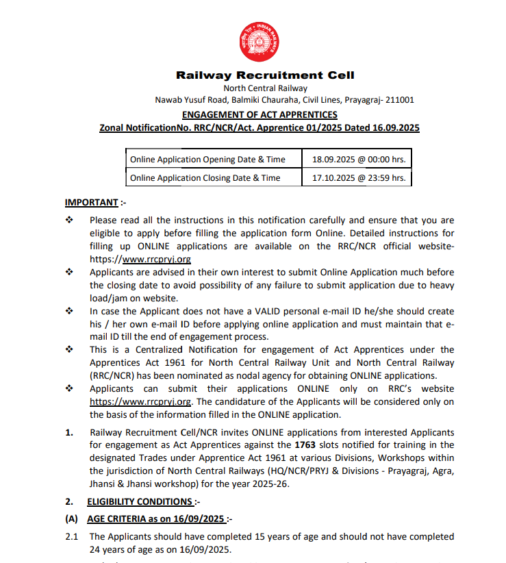 RRC NCR Prayagraj Apprentice 2025 official notification.